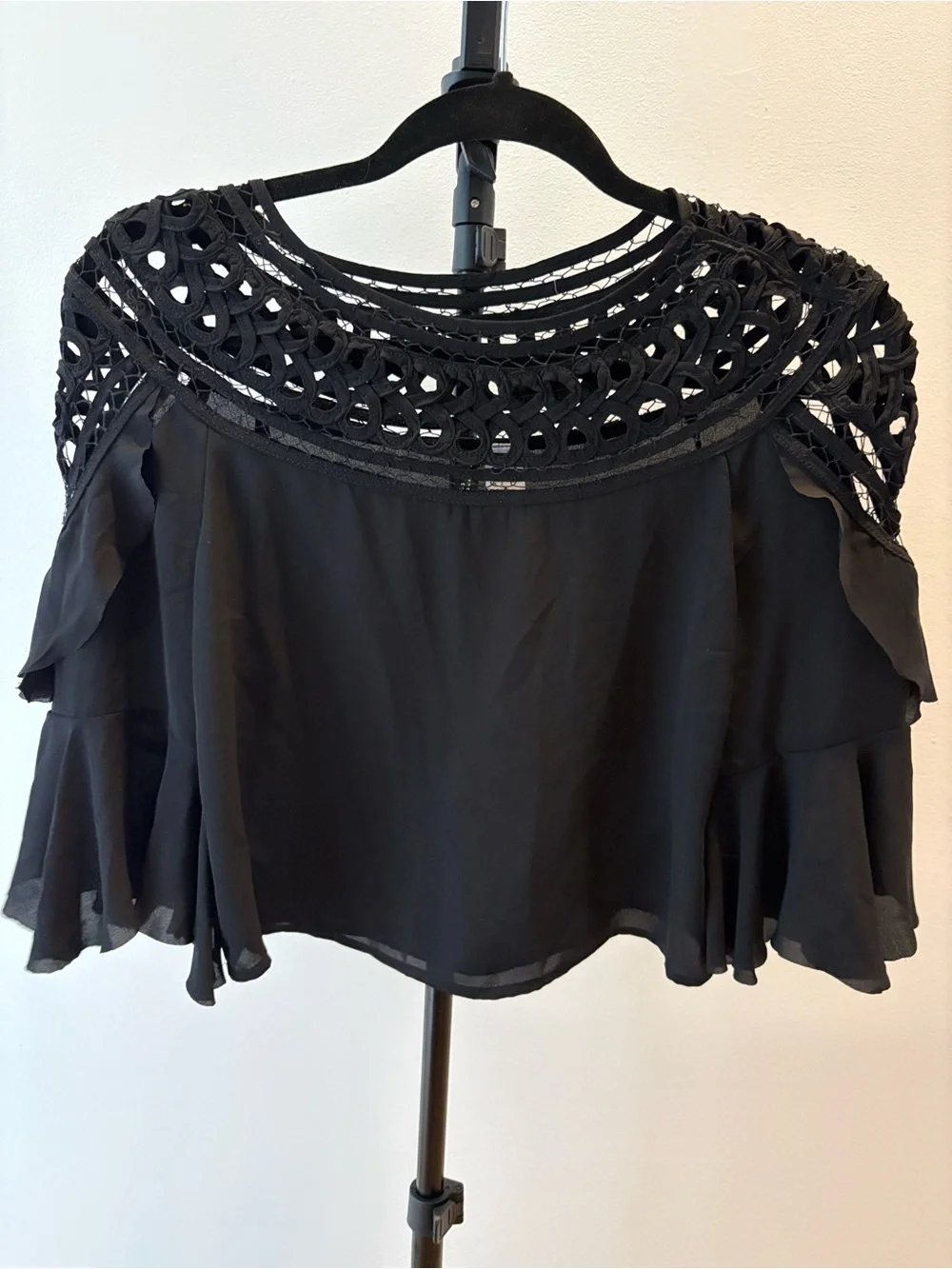 H&M Black Crochet Yoke Flutter Sleeve Crop Blouse